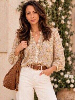Dress Forum Floral Boho Blouse Yellow Pink Button Front Romantic Top